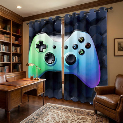 2Pcs Game Controller Printed Curtains, Vibrant Gaming Theme Window Drapes, Modern E-Sports Style Grommet Panels, Home Decor for Bedroom Living Room Game Room