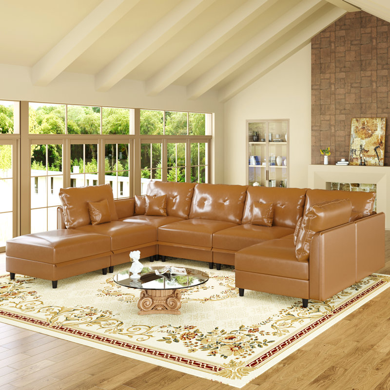 Breseis Upholstered L-Shaped Sectional Reversible, Brown Faux Leather