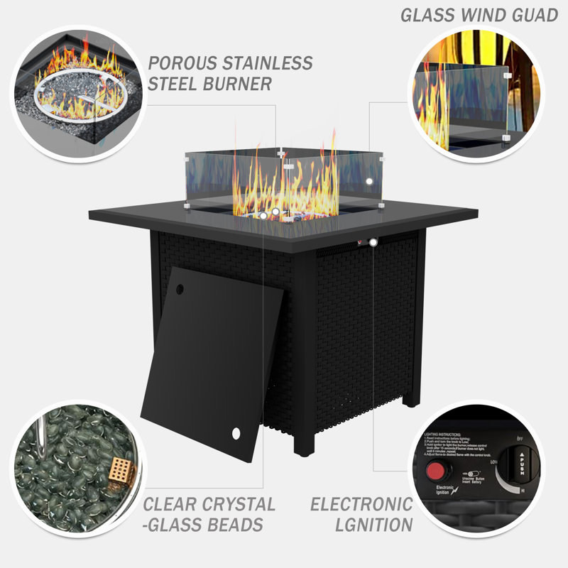 Propane Fire Pit Table Square Outdoor  Smokeless Wind-Resistant Glass Guard Fireplace Patio Stove With Lid