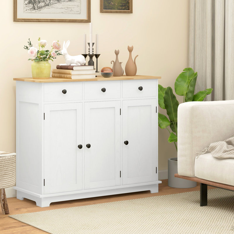 Buffet blanc vieilli - Armoire de rangement de comptoir en bois massif avec 3 tiroirs, portes, tablette réglable pour la maison dans le comptoir, moderne
