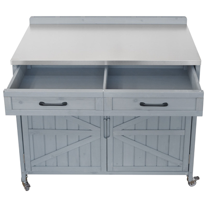 Chariot-bar modulaire en bois massif avec plateau en acier inoxydable 38,7 po H 2 pièces, Gris