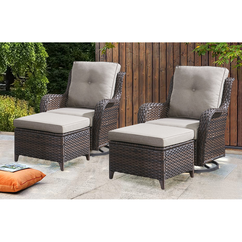 Deb 31" W Wicker Swivel Glider Chair with Ottoman and Cushions (Set of 2), Brown/Gray