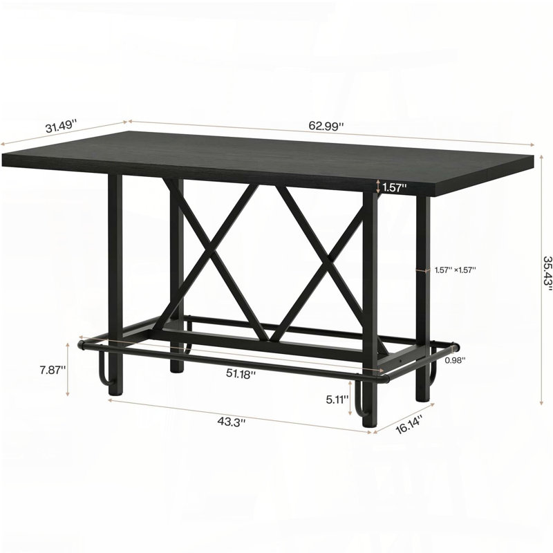 Table de bar à hauteur de comptoir avec repose-pieds en métal (6 places assises), Noir
