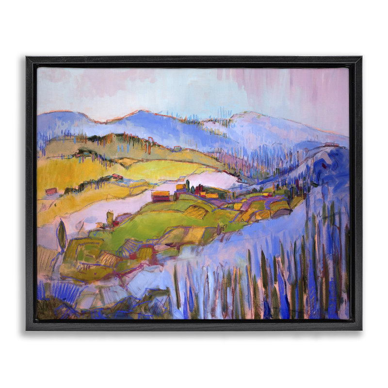 Abstrait ville entre montagnes, art mural sur toile flottante, design par Dorothy Fagan, Cadre flottant noir de jais