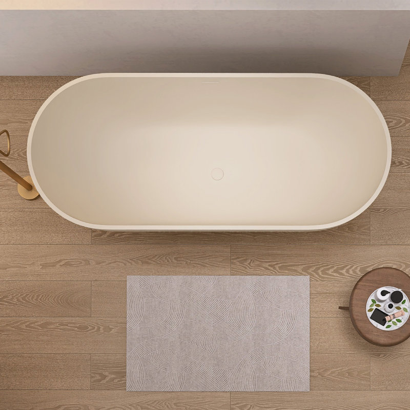 69" Freestanding Deep Soak Tub Solid Surface Soaking Bathtub Creamy, Creamy