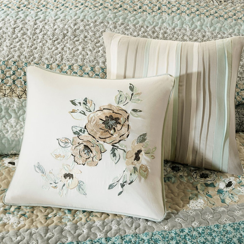 Courtepointe en coton 6 pièces, double / grand, imprimé floral et géométrique, coussins décoratifs inclus et géométrique, chambre à coucher séduisante