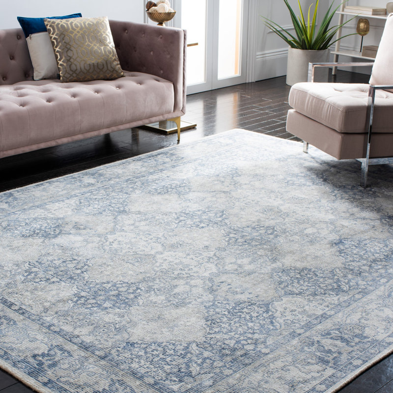 Restoration Vintage Hand Loomed Wool/Viscose Oriental Rug in Blue/Ivory, Rectangle 5' x 8'