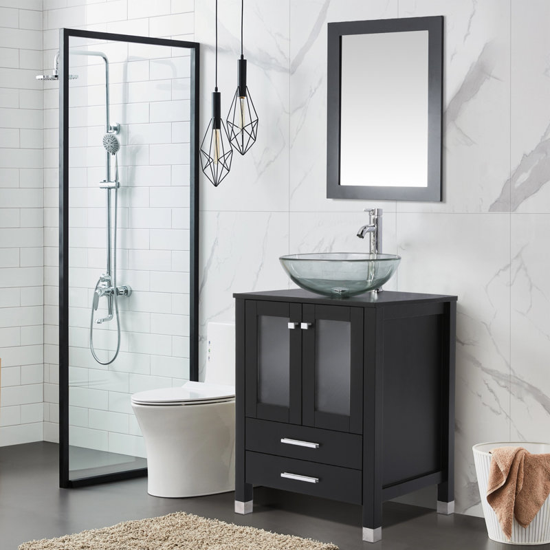Meuble-lavabo simple 24 po avec plateau en bois , lavabo vasque, robinet en alliage de zinc, Noir, noir, noir, noir
