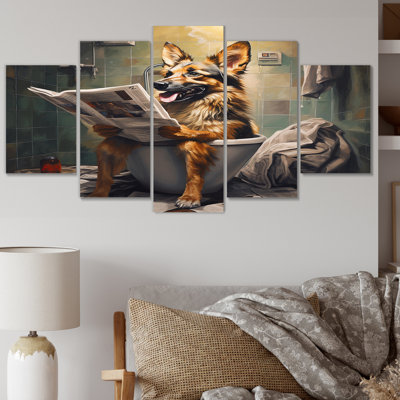 Dog Reading Newspaper On Toilet I - Animals Dog Wall Art Living Room - 5 Panels