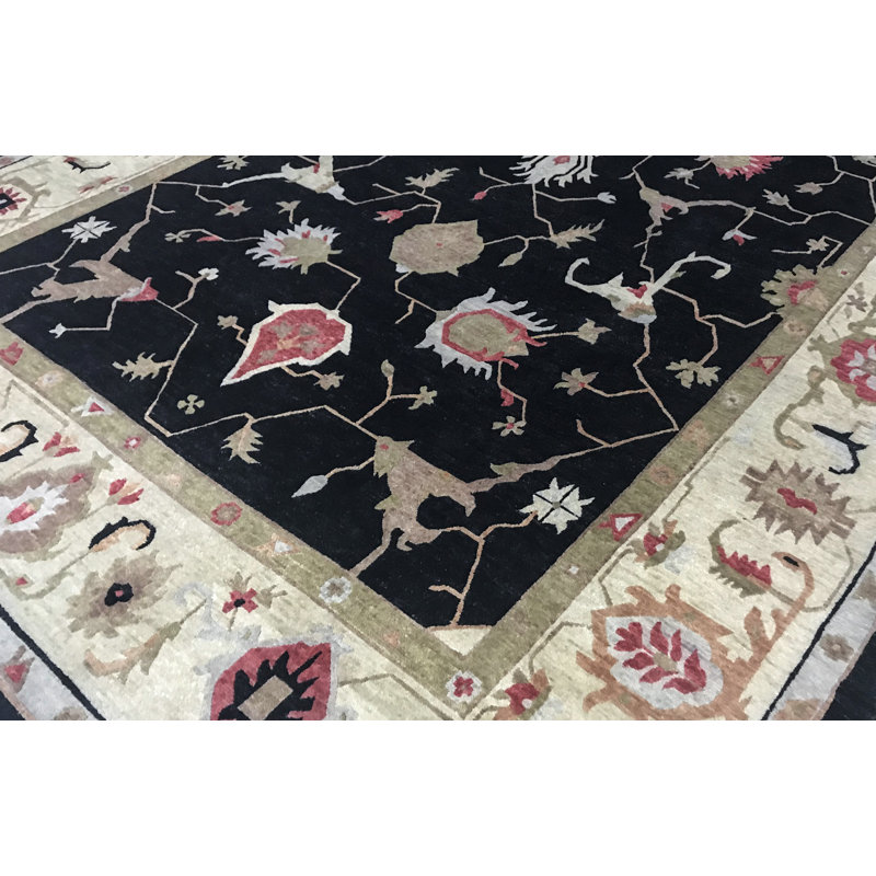 Tapis noir et beige noué à la main de haute qualité