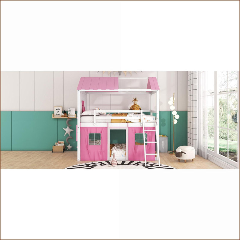Full Size Pinewood Bunk Bed with Playhouse Design, Pink &amp; White – No Box Spring Needed