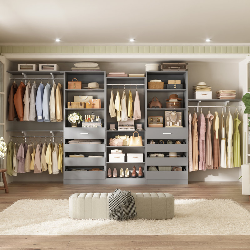 Seward Closet System With 8 Drawers, 4 Hanging Rods, Gray