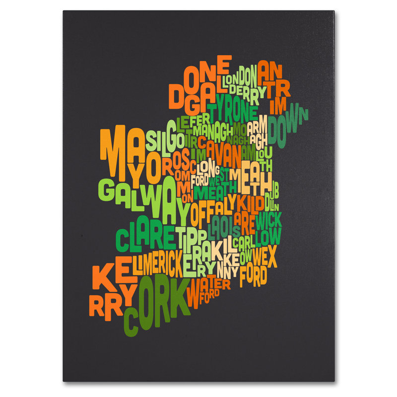 « ireland text map 6 » par michael tompsett, art textuel sur toile tendue encadrée, H 19 po x l 14 po x P 2 po