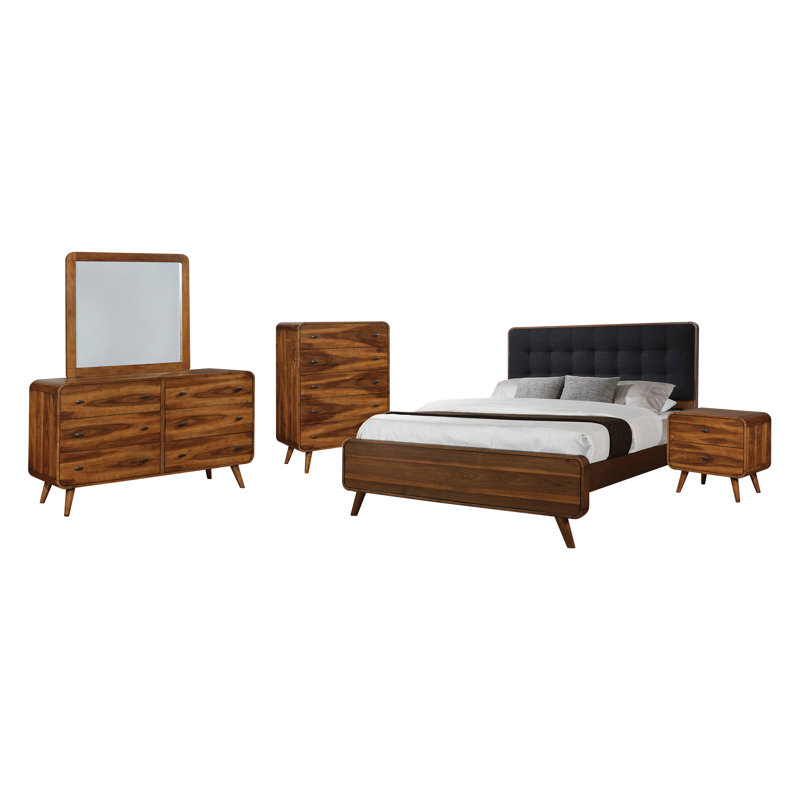 Aleksiejus Bedroom Set in Dark Walnut, King, 5 Pieces: Bed, NightStand, Dresser, Mirror, Chest