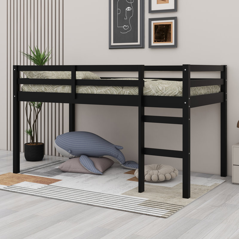 Solid Wood Bed Frame With Ladder, Wood Slat Support, Black