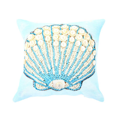 Handcrafted Print and Beadwork Seashell Pillow-Blue & Ivory 18"x18" Cushion