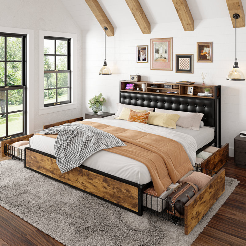 Udelle Bed Frame with 4 Storage Drawers, Upholstered Platform Bed with Headboard and Charging Station, Queen, No