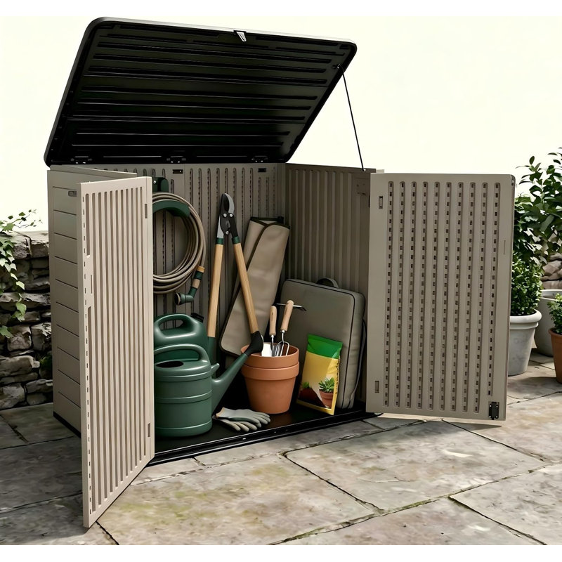 48 Cu. Ft Horizontal Resin Storage Shed, Outdoor Storage Cabinet, Weatherproof, Easy to Assemble, Outdoor Storage Box for Backyards/Patios/Garden, No Shelf (Brown)