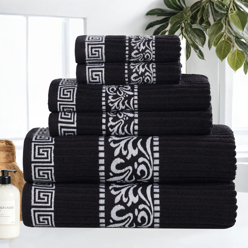 Mikira Athens Cotton Medium Weight Floral Border Greek Key Trim 6 Piece Assorted Towel Set, Black/White
