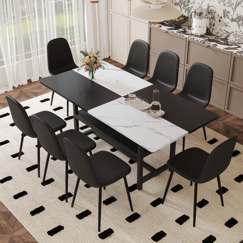 Ensemble de table et de chaises 71 x 35,4 pouces avec table de salle à manger épissée blanche et noire avec fonction de rangement au milieu des pieds de la table.