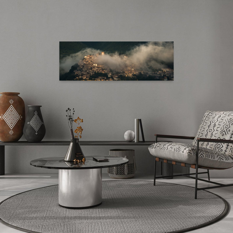 Art doré d'automne, «Golden Wheat Misty Village», architecture contemporaine abstraite, H 12 po x l 36 po