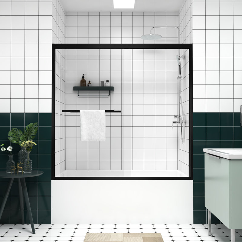 Pare-baignoire double coulissant avec largeur réglable de 56 à 60 po, verre trempé de 6 mm de 1/4 po, poignée en acier inoxydable, angle de sécurité, cabine de douche silencieuse de 58 po de hauteur, roulettes transparentes pour sourdine, montage facile
