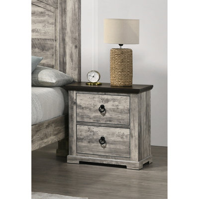 Table de chevet moderne à finition grise avec deux compartiments de tiroir et poignées robustes en métal pour la chambre à coucher