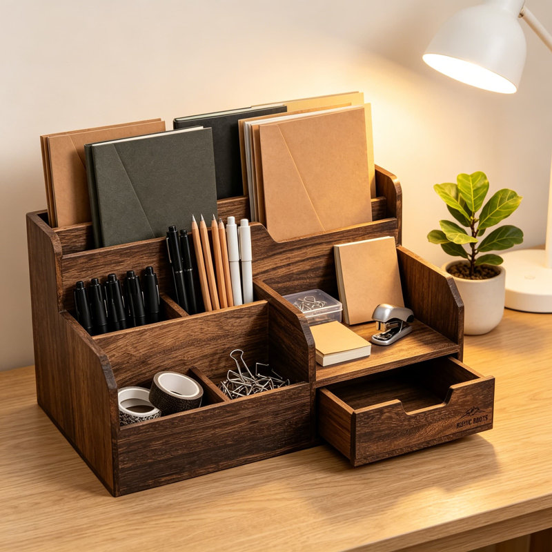 Organisateur de bureau en bois rustique avec trieur de courrier et tiroir, support d'accessoires de bureau de table pour le rangement des lettres, du papier et des stylos