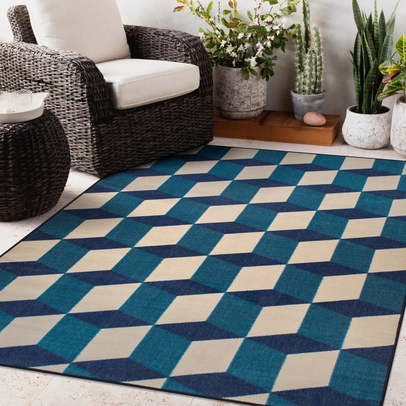 Hendriex Geometric Blue/Turquoise/Ivory Indoor&Outdoor Area Rug, Rectangle 5' x 7'