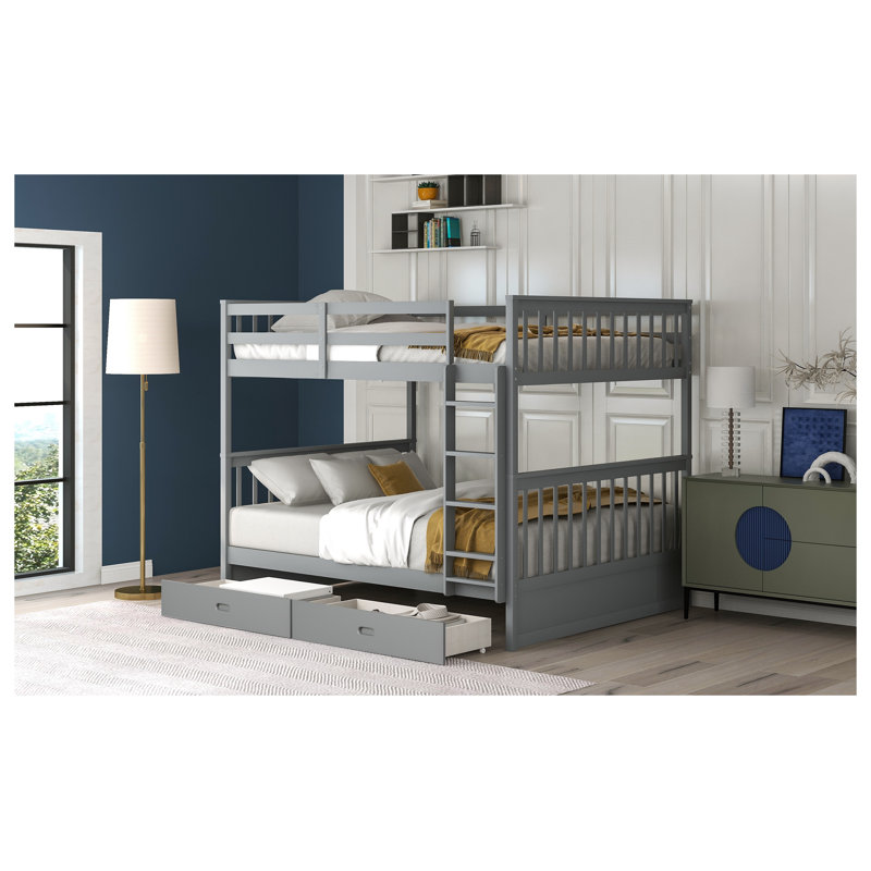 Lit superposé double avec tiroirs de rangement et échelle - Structure en bois massif gris