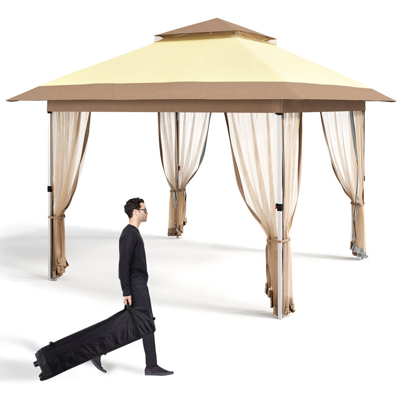 Gazebo Outdoor Pop up Canopy Tent with Curtains, 11' x 11', Beige