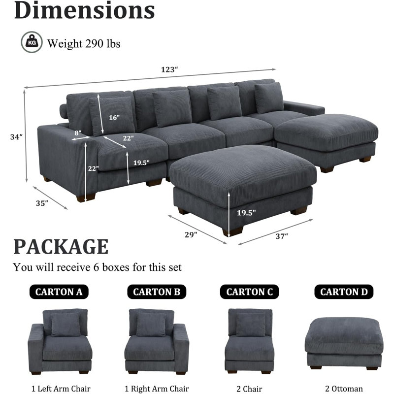 Canapé modulaire avec 2 repose-pieds 123 po Frazey, Velours côtelé gris