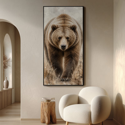 Très grand reproduction d'art sur toile - Ours brun majestueux marchant vers l'avant dans un portrait de faune sauvage texturé naturel pour le salon ou la chambre à coucher - «Assemblage requis du cadre (cadre non fini)»