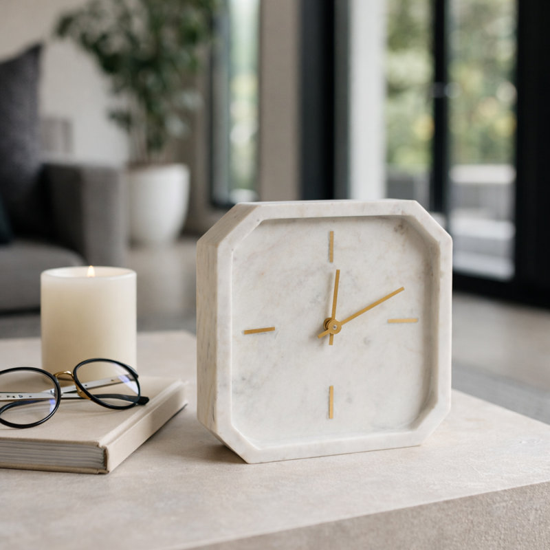 Horloge de table en marbre octogonale Aparicio pour décoration intérieure - Horloge de cheminée moderne décorative pour tablette, bureau ou vestibule - Ivoire