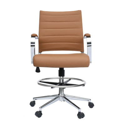 Kayle Mid Century Modern Contemporary Tall Ergonomic Adjustable Faux Leather Drafting Chair With Arms Counter Height With Wheels Pads Arm by Ivy Bronx
