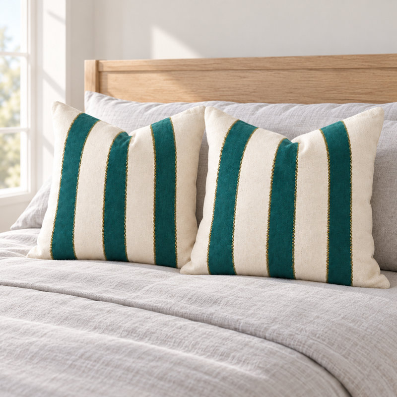 Ensemble de 2 housses de coussin texturées à rayures turquoise et blanches de style bohème, Rayé bleu / blanc, Carré 20 po