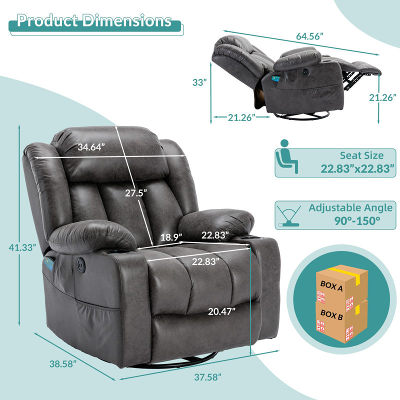 Aireana Upholstered Heated Massage Chair, Gray Microfiber