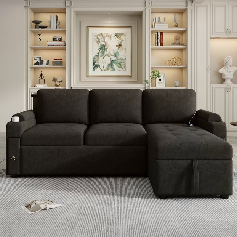 Canapé modulaire en L de 83,5 po avec canapé en L et canapé-lit avec grand espace de rangement, deux porte-gobelets et deux ports USB pour le salon, noir