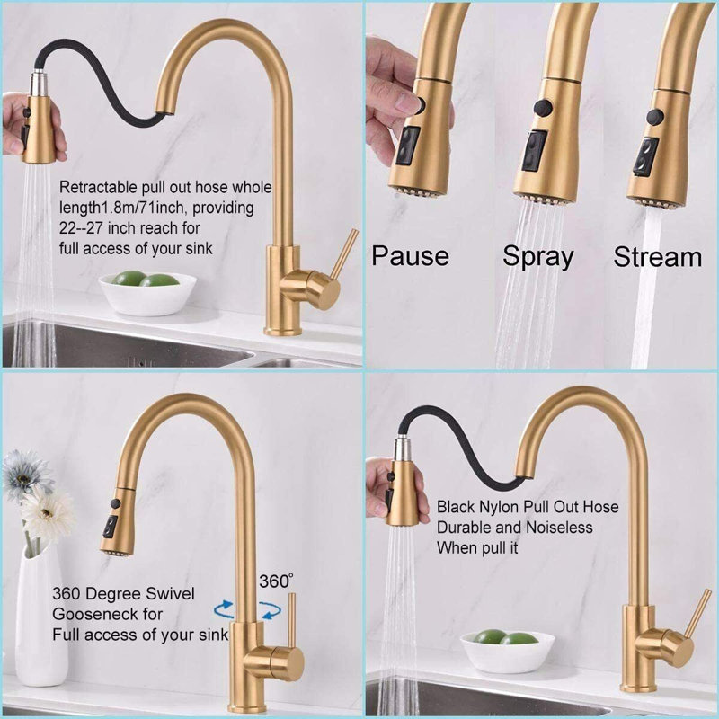 Brushed Gold Single Handle High ArcPull Out Kitchen Faucet,Single Level Stainless Steel Kitchen Sink Faucets with Pull Down Sprayer