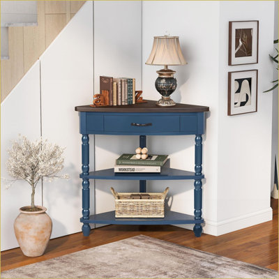 Table basse d'angle compacte à 3 niveaux avec pieds en bois massif, bleu marine / espresso pour les petits espaces