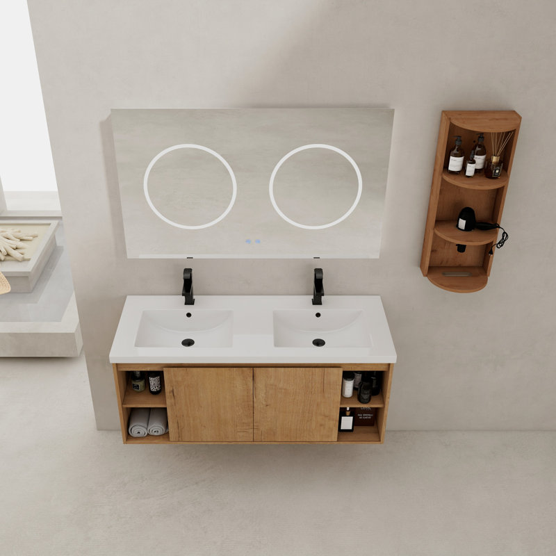 Meuble-lavabo mural 48 po avec double lavabo et support de rangement, portes à fermeture en douceur