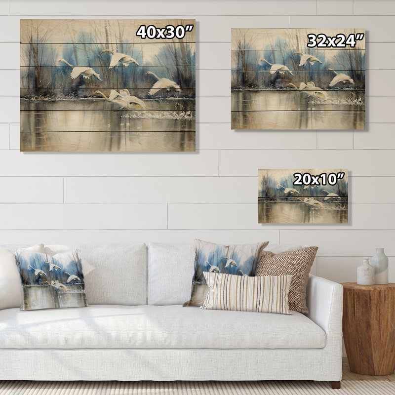 White Swans Flying - Décoration murale traditionnelle en bois, H 8 po x l 12 po x P 1 po