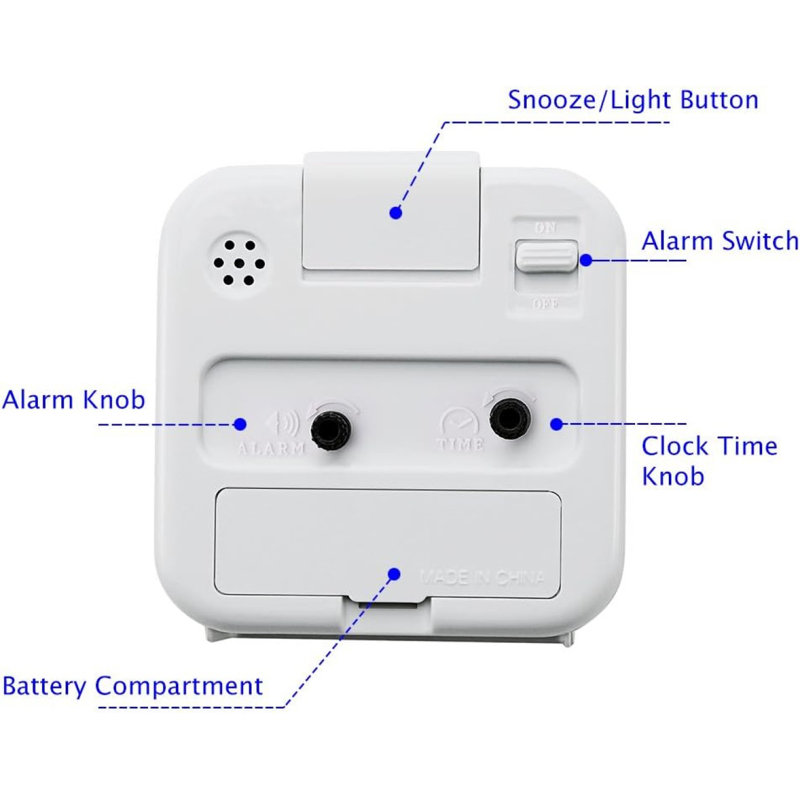 Small Battery Operated Analogue Travel Alarm Clock Silent No Ticking Lighted On Demand And Snooze Beep Sounds Gentle Wake Ascending Alarm, Easy Set (White)