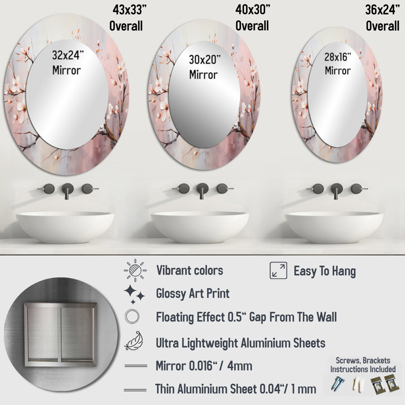 Miroir mural ovale rose et blanc, H 43 po x l 33 po