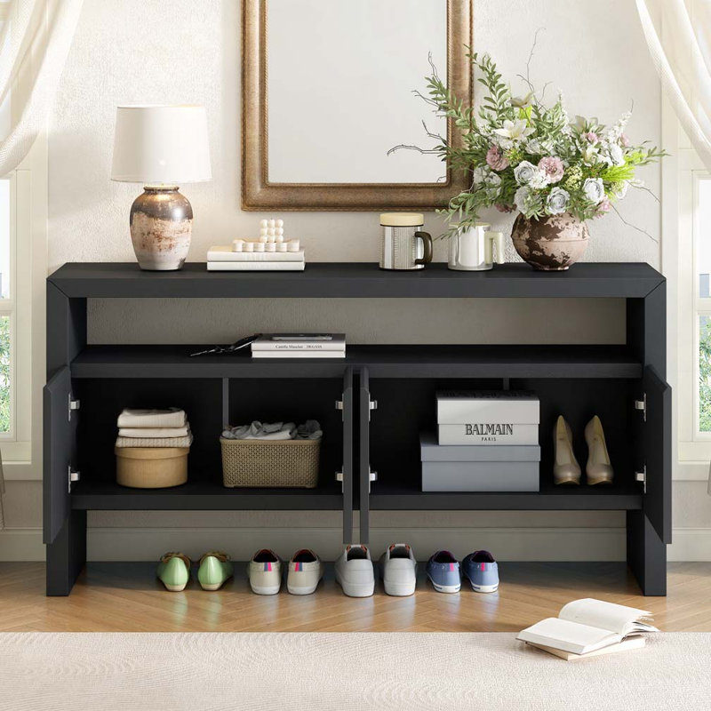 Buffet 60 po à 4 portes avec tablette ouverte, grain de bois naturel, Noir