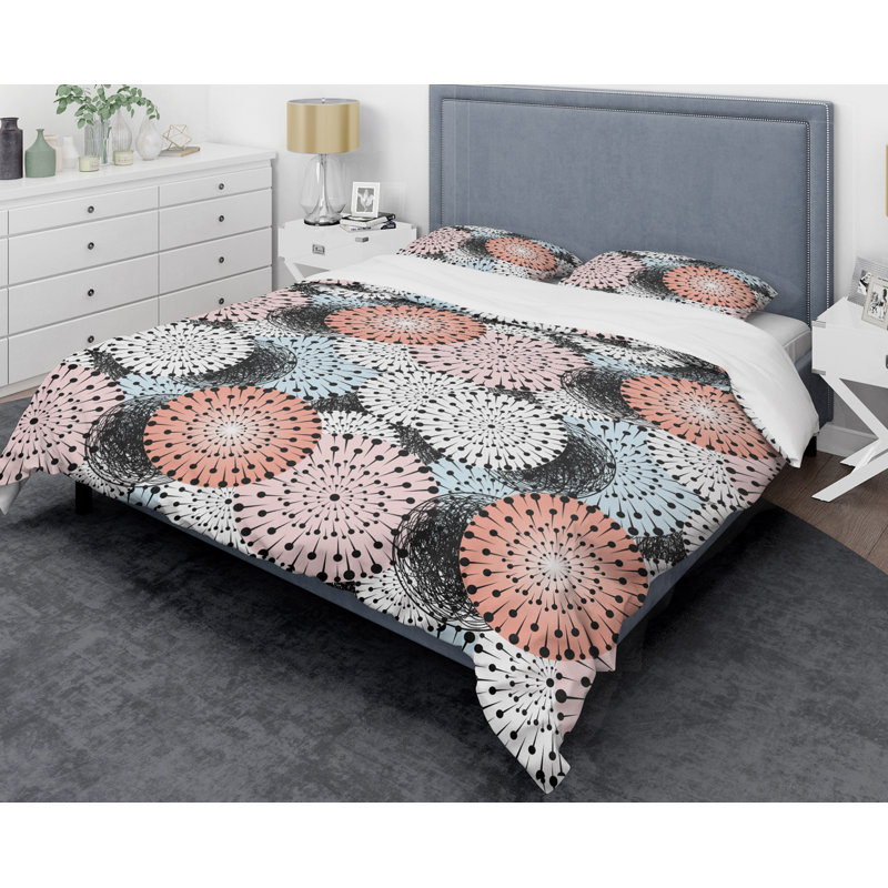  Ensemble de housse de couette rétro fleur abstraite I Mid-Century, Housse de couette très grand + 2 taies décoratives