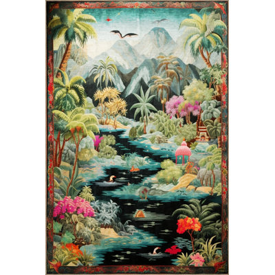 Tapestry Design Multicolored Tropical Forest Patterned Vintage Decorative Rug