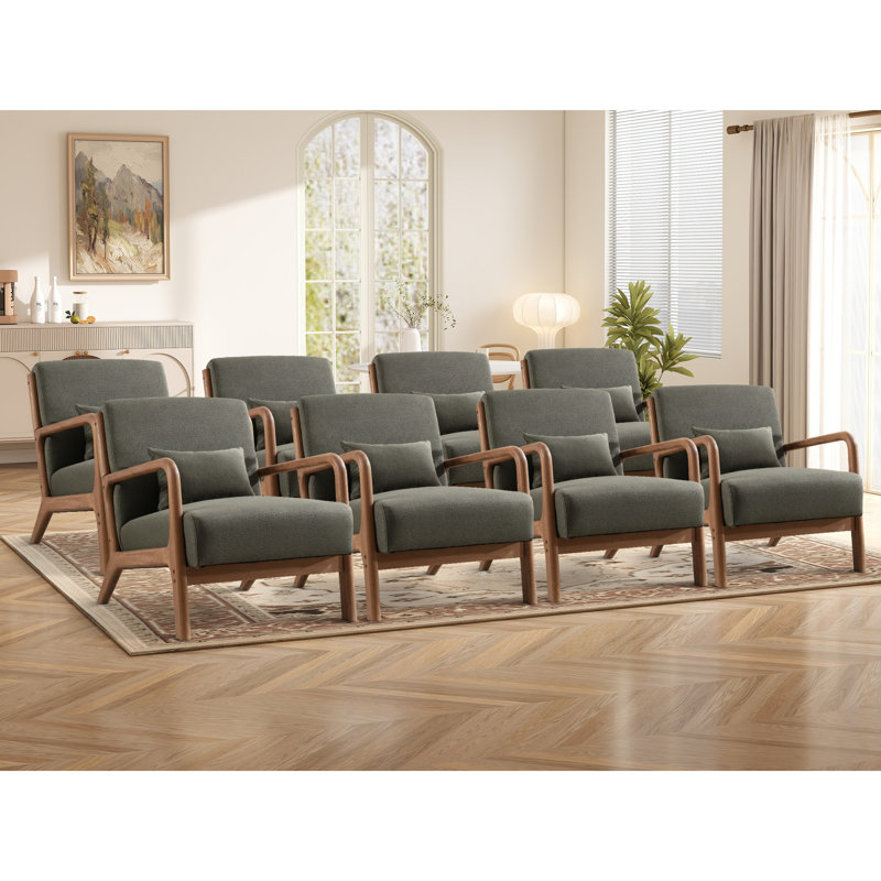 Cashel 25.78" Wide Mid Century Upholstered Accent Chair with an Extra Pillow(Set of 8), Dark Green Linen Blend