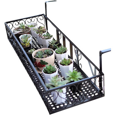 Tablette de balconnière pour balcon avec crochets, support à plantes en fer robuste pour clôtures, patios et porches extérieurs