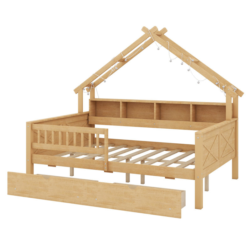 Lits plateforme en bois avec DEL, tablettes de rangement, tiroirs et garde-corps, Naturel